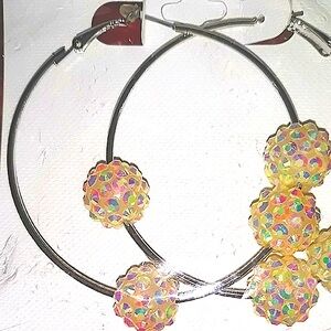 Beautiful Silver Hoop Earrings Large Size 2 1/4" YELLOW Bling Color Beads NEW
